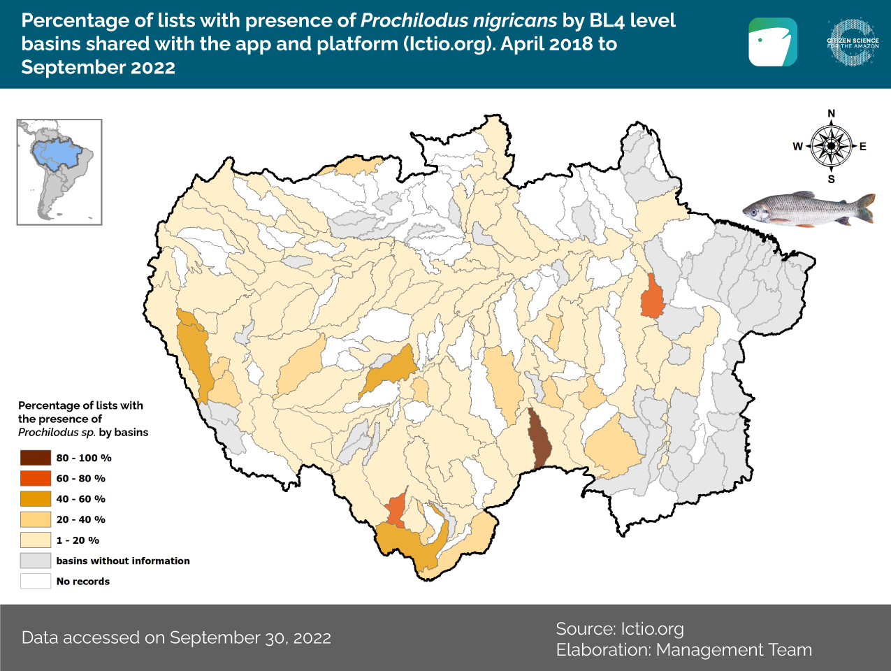 Percentage of listings in the app and web platform with presence of Prochilodus sp. by BL4 level sub-basins. Data for the period April 2018 to September 2022, accessed on 1 October 2022.